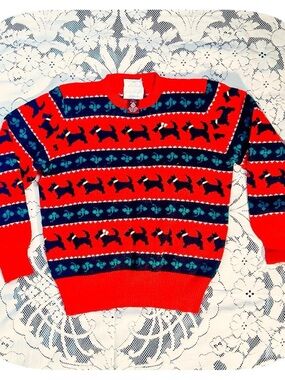 Susan Bristol Red Crewneck Sweater with Navy & Teal Scottie Dog Motif